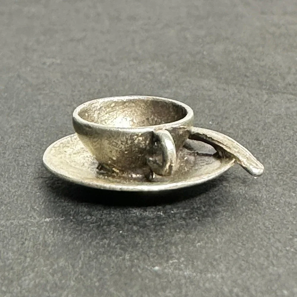 Tea Cup with Saucer and Spoon Vintage .925 Sterling Silver Charm Serving
